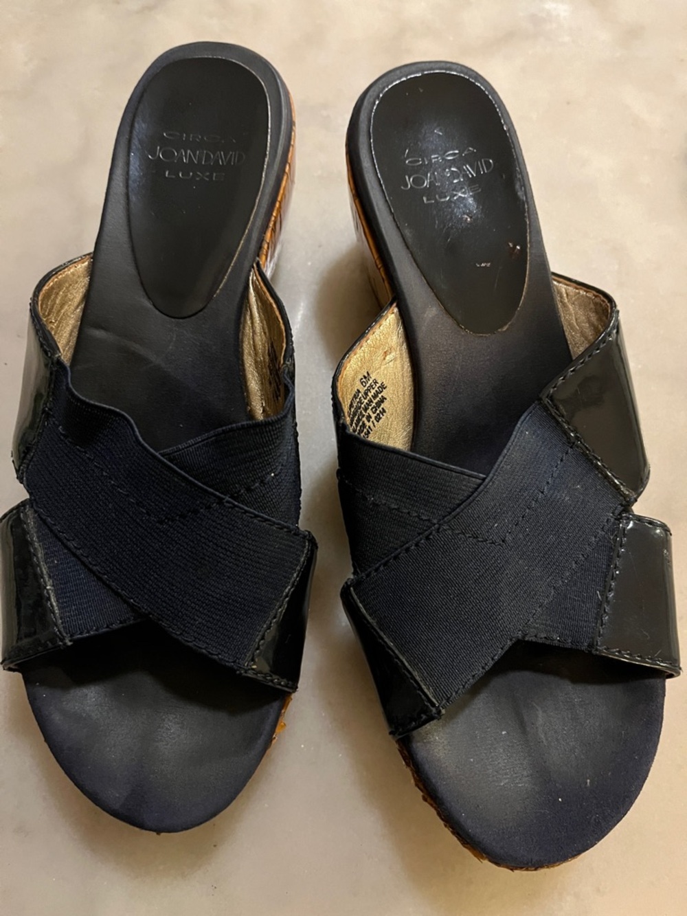 Joan & David Luxe Circa Black Crossband Patent Slide Wedge Sandals